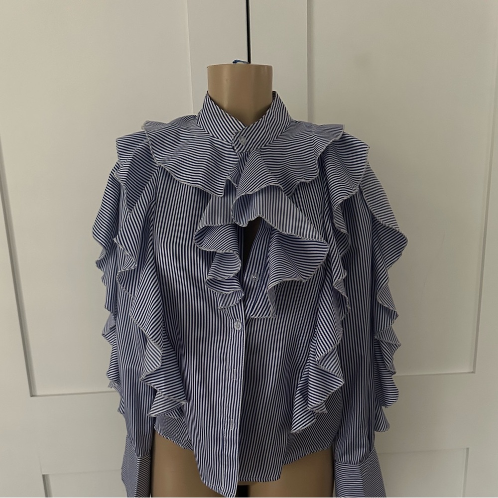 Blue Ruffled Bib Collar Button Down Blouse
